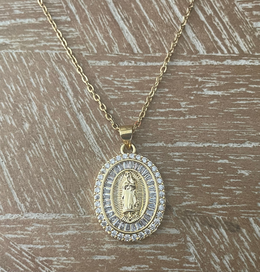 Lady of Guadalupe Gold Necklace — Crystal Halo Catholic Medal Gift
