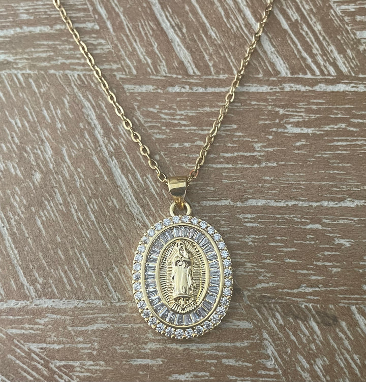 Lady of Guadalupe Gold Necklace — Crystal Halo Catholic Medal Gift