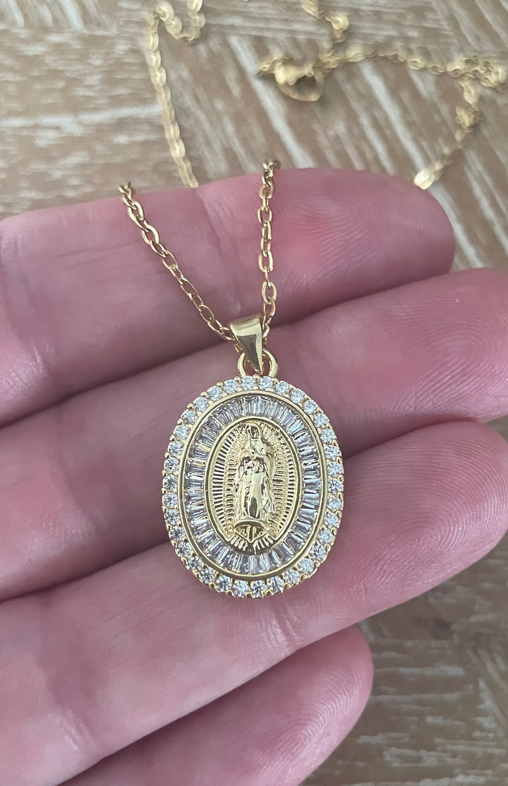 Lady of Guadalupe Gold Necklace — Crystal Halo Catholic Medal Gift