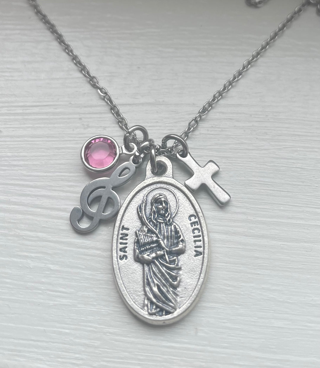 Saint Cecilia Necklace — Patron Saint of Music Medal with Cross &amp; Birthstone