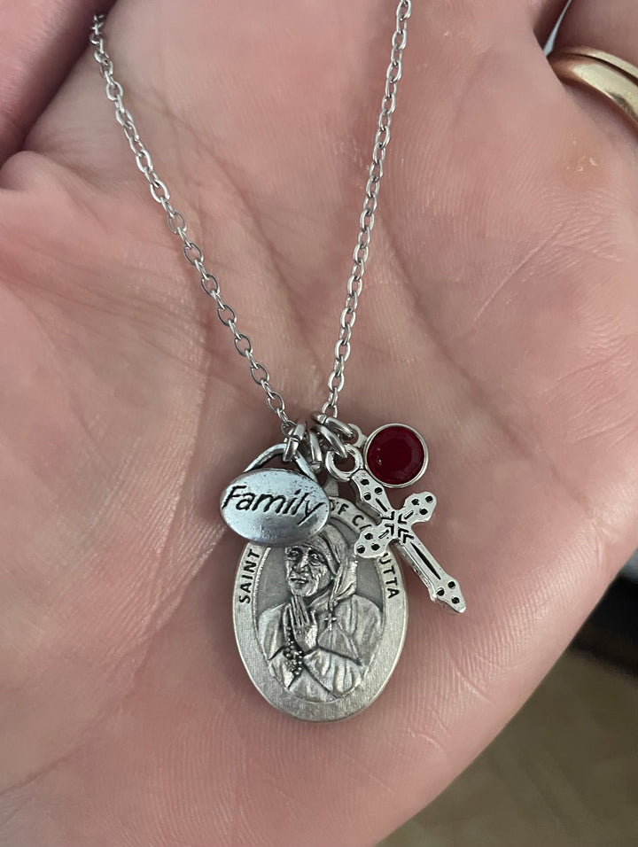 Saint Teresa of Calcutta Necklace – Birthstone, Family &amp; Cross Charms