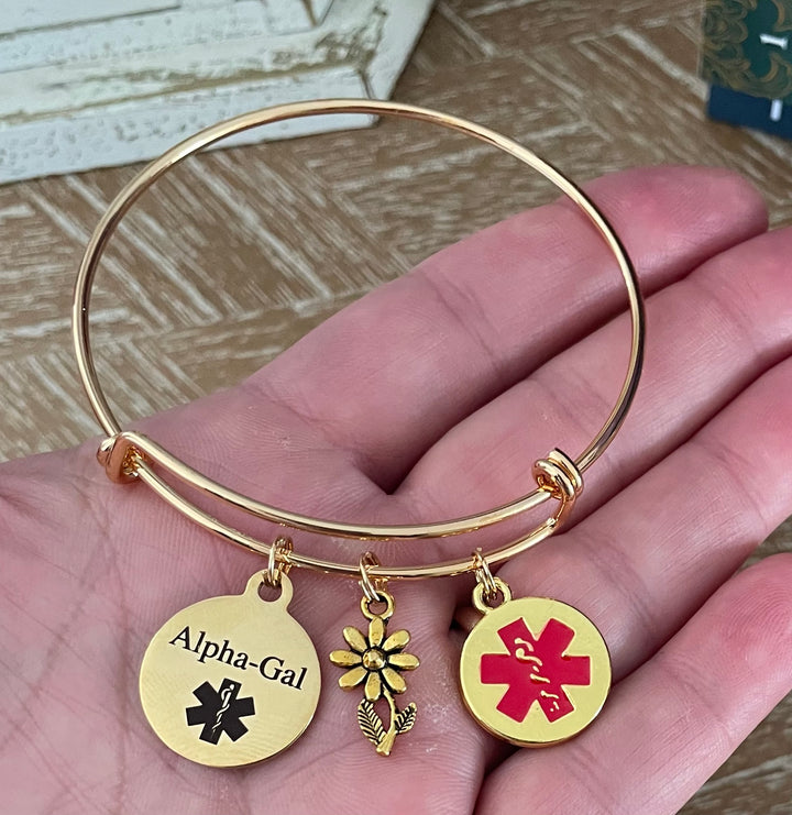 Alpha-Gal Awareness Medical Alert Charm Bangle Bracelet