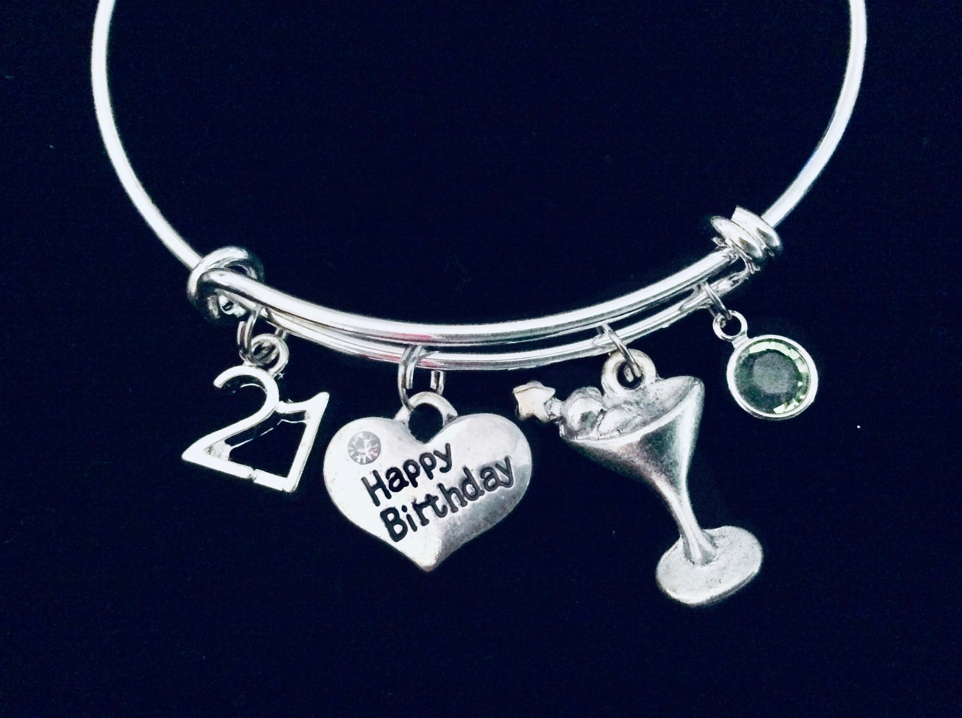 Happy 21st Birthday Martini Birthstone Expandable Silver Charm Bracelet Adjustable Bangle Trendy 21 Gift