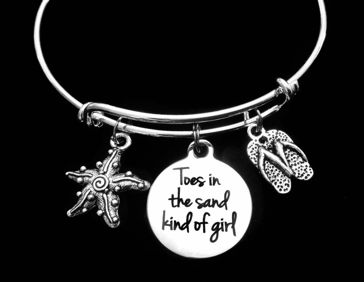 Adjustable Beach Charm Bracelet with starfish, flip flops, and “Toes in the Sand” pendant. Fun summer jewelry gift for beach lovers and vacationers.