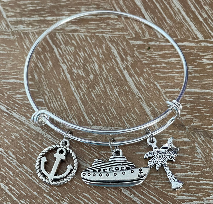 Cruise Ship Charm Bracelet for Women – Adjustable Silver Bangle with Anchor, Ship &amp; Palm Tree Charms