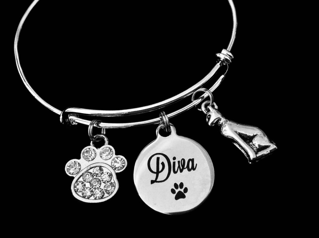 Diva Cat Charm Bracelet – Crystal Paw Print &amp; Cat Charm – Adjustable Silver Bangle – Cat Mom Gift – Animal Lover Jewelry – Handmade Pet Bracelet