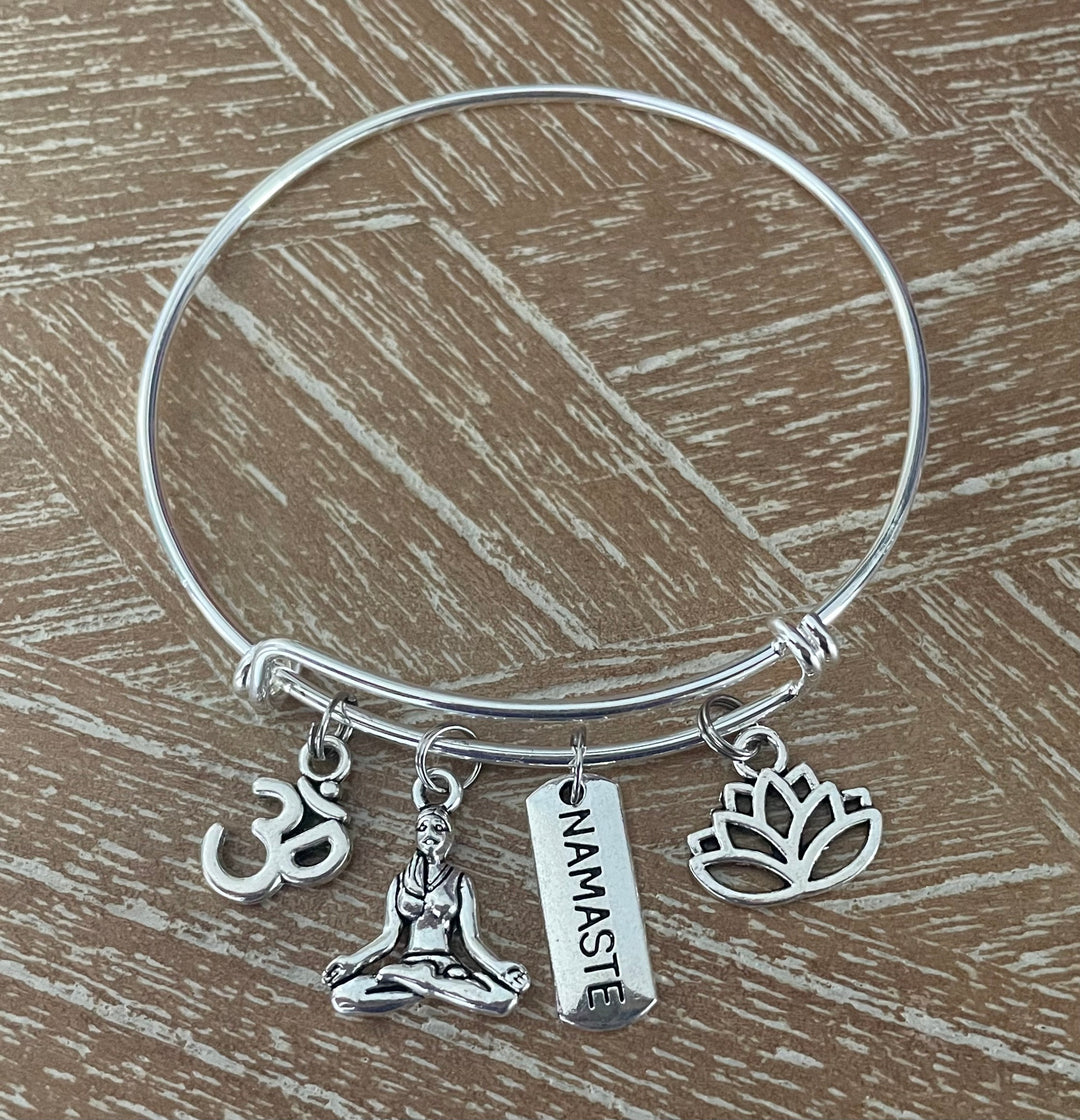 Yoga Charm Bracelet | Namaste Lotus Om Silver Bangle