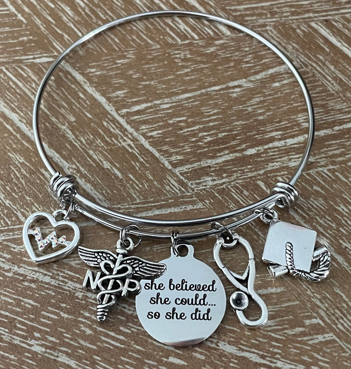 NP Nurse Practitioner Graduation Bracelet | She Believed She Could | EKG Heart, Stethoscope &amp; Caduceus Charm Bangle