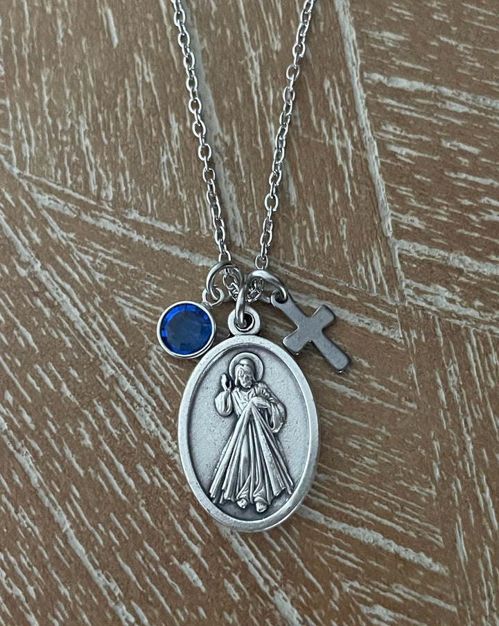 Divine Mercy Necklace with Birthstone &amp; Cross Charm