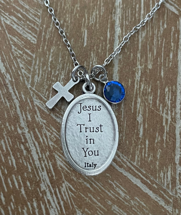 Divine Mercy Necklace with Birthstone &amp; Cross Charm