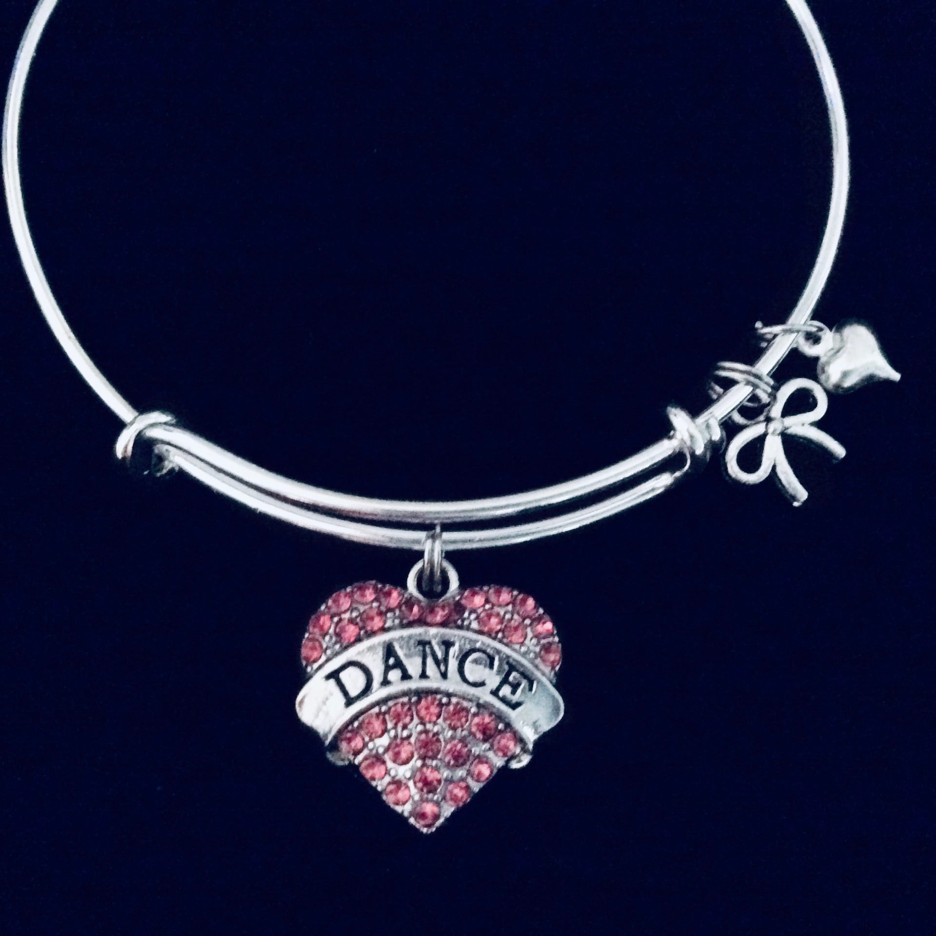 Dance Heart Charm Bracelet – Red Crystal Adjustable Silver Bangle for Dancers