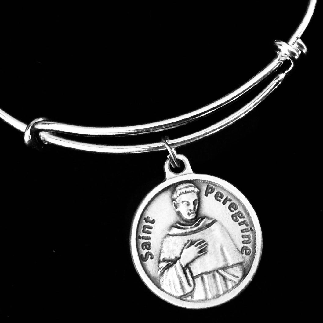 Patron Saint Of Cancer Saint Peregrine with Prayer on Back Silver Charm Bracelet Adjustable Expandable bangle