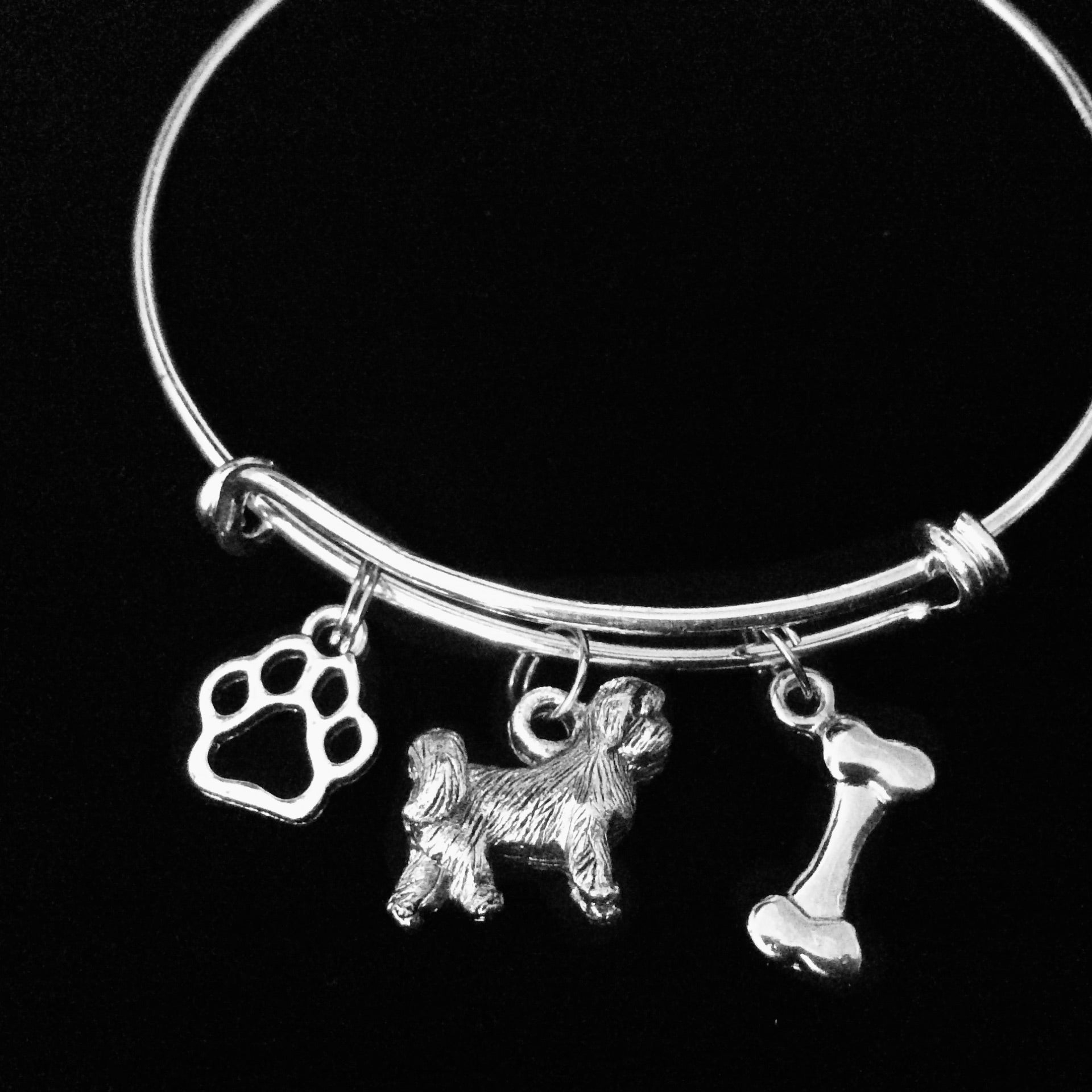 Shih Tzu Dog Paw Bone Expandable Charm Bracelet Silver Adjustable Wire Bangle Gift