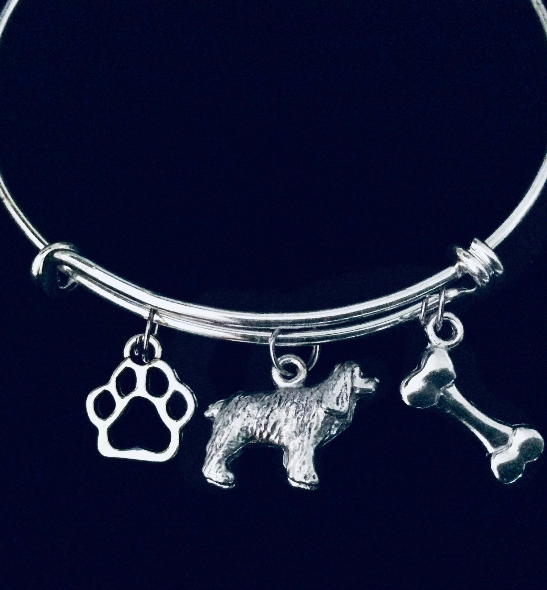 Cocker Spaniel Dog Paw Bone Expandable Charm Bracelet Silver Adjustable Wire Bangle Gift
