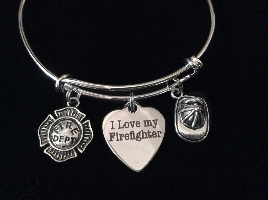 Firefighter Wife Bracelet – Expandable Charm Bangle with Firefighter Helmet &amp; Heart Charms – Gift for Firefighter&