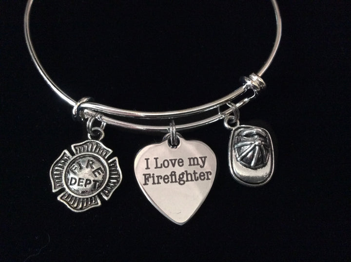 Firefighter Wife Bracelet – Expandable Charm Bangle with Firefighter Helmet &amp; Heart Charms – Gift for Firefighter&