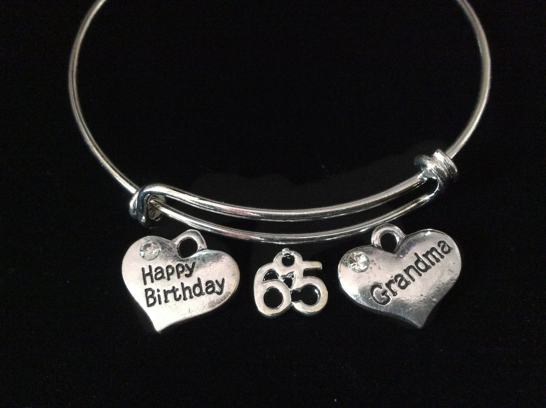 65th Birthday Gift for Grandma – Happy Birthday Charm Bangle Bracelet, Silver Adjustable Wire Bangle Grandmother Gift