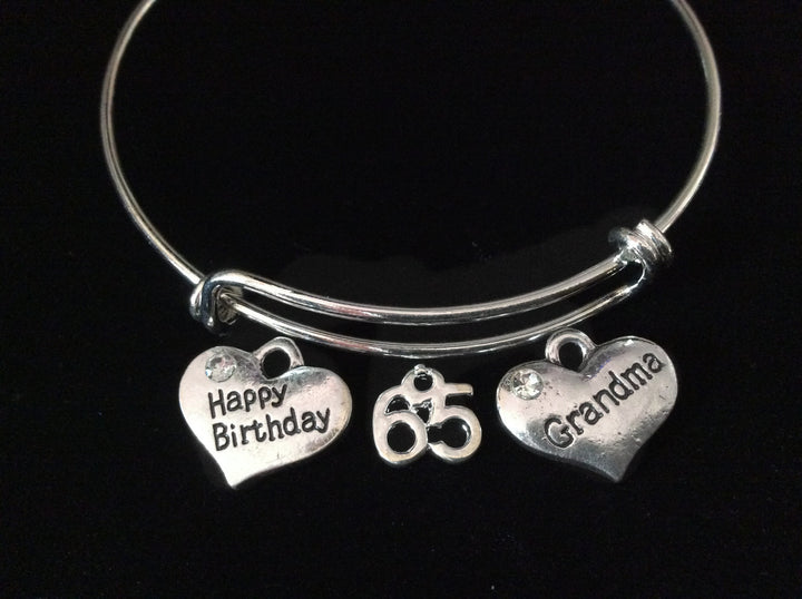 65th Birthday Gift for Grandma – Happy Birthday Charm Bangle Bracelet, Silver Adjustable Wire Bangle Grandmother Gift