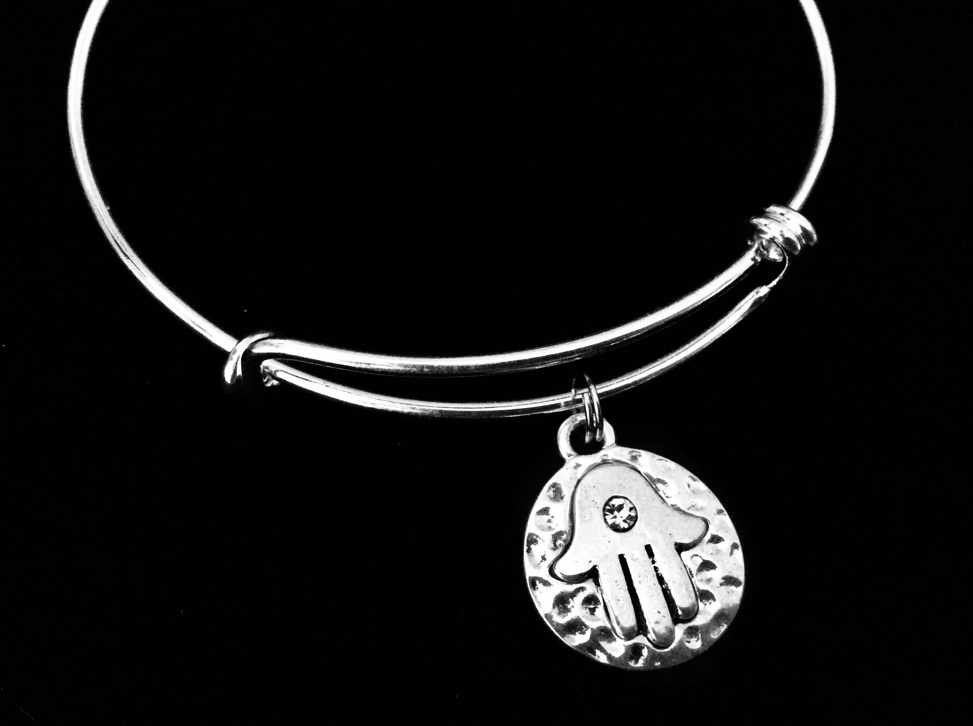 Hamsa Hand Silver Expandable Charm Bracelet Adjustable Bangle Trendy Yoga Inspired Meaningful Inspirational