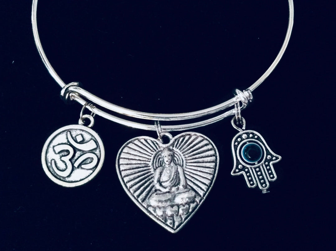 Silver Buddha Heart Hamsa OM Expandable Charm Bracelet 