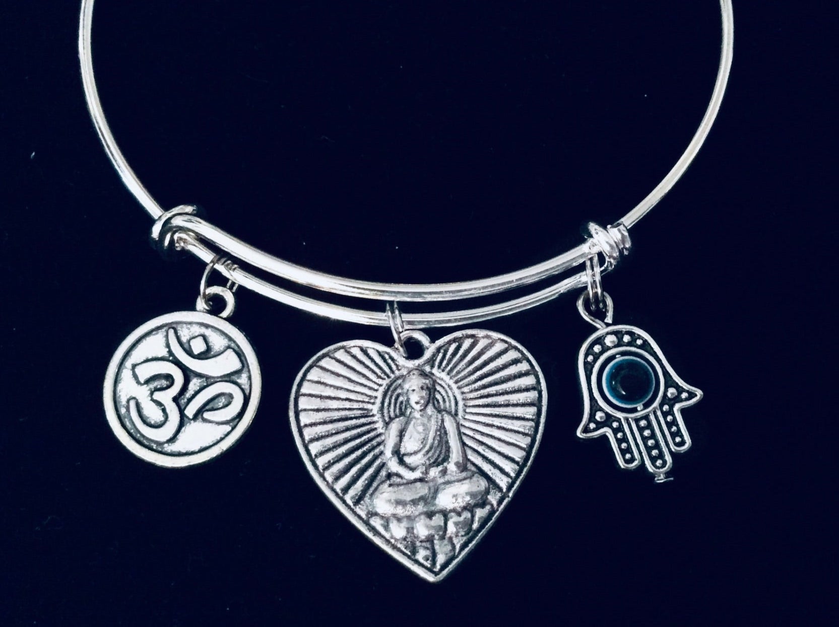 Silver Buddha Heart Hamsa OM Expandable Charm Bracelet 