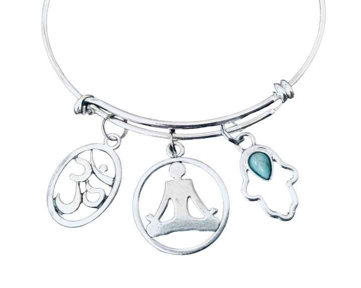 Silver Adjustable Yoga Bangle Bracelet with Om Charm, Lotus Pose Pendant &amp; Turquoise Accent