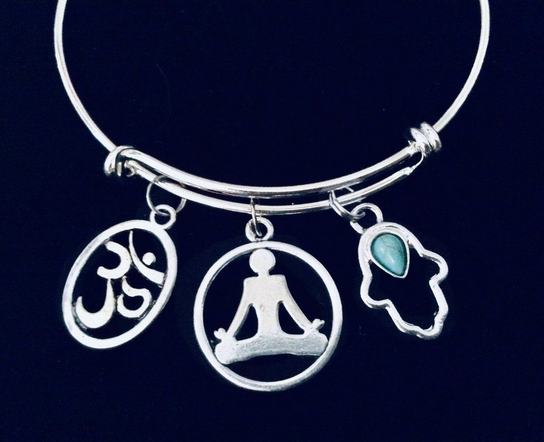 Silver Adjustable Yoga Bangle Bracelet with Om Charm, Lotus Pose Pendant & Turquoise Accent