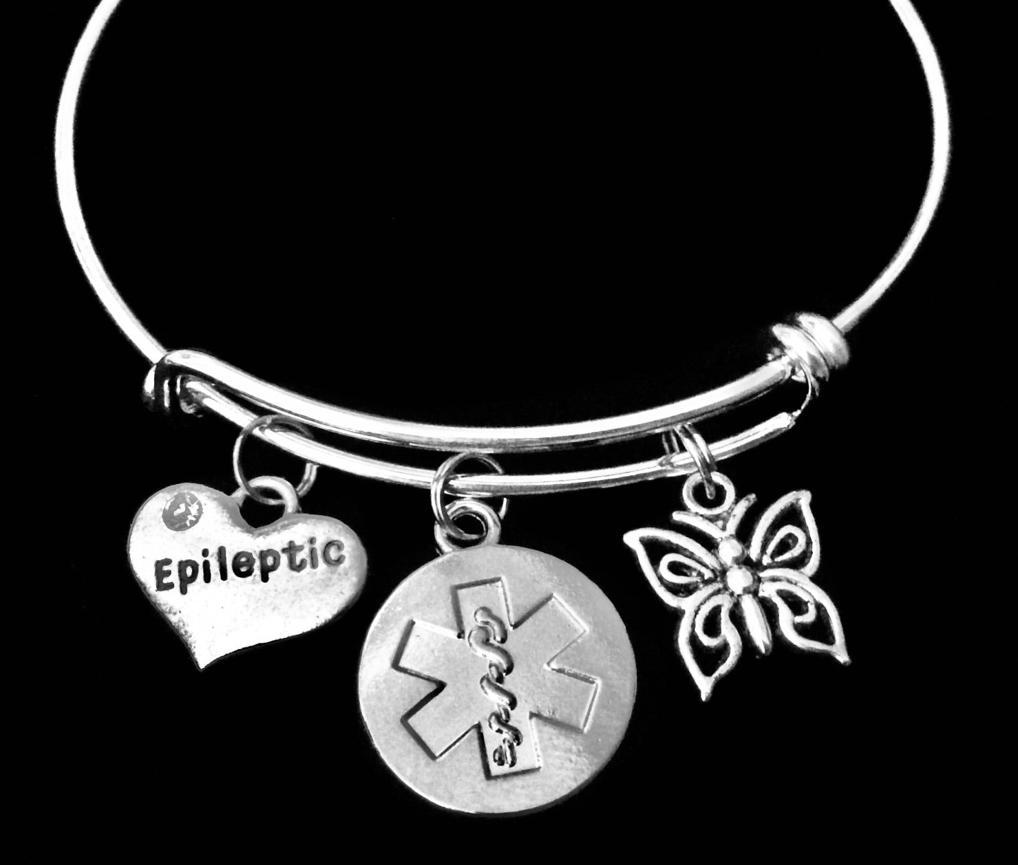 Epileptic medical alert charm bracelet with heart, butterfly, and medical ID charms