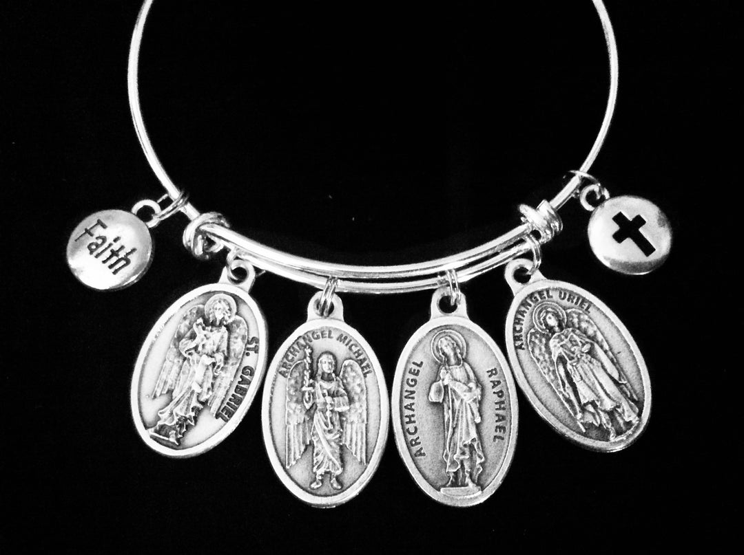 Four Archangels Charm Bracelet, Gabriel Michael Raphael Uriel Expandable Bangle, Catholic Religious Jewelry Gift