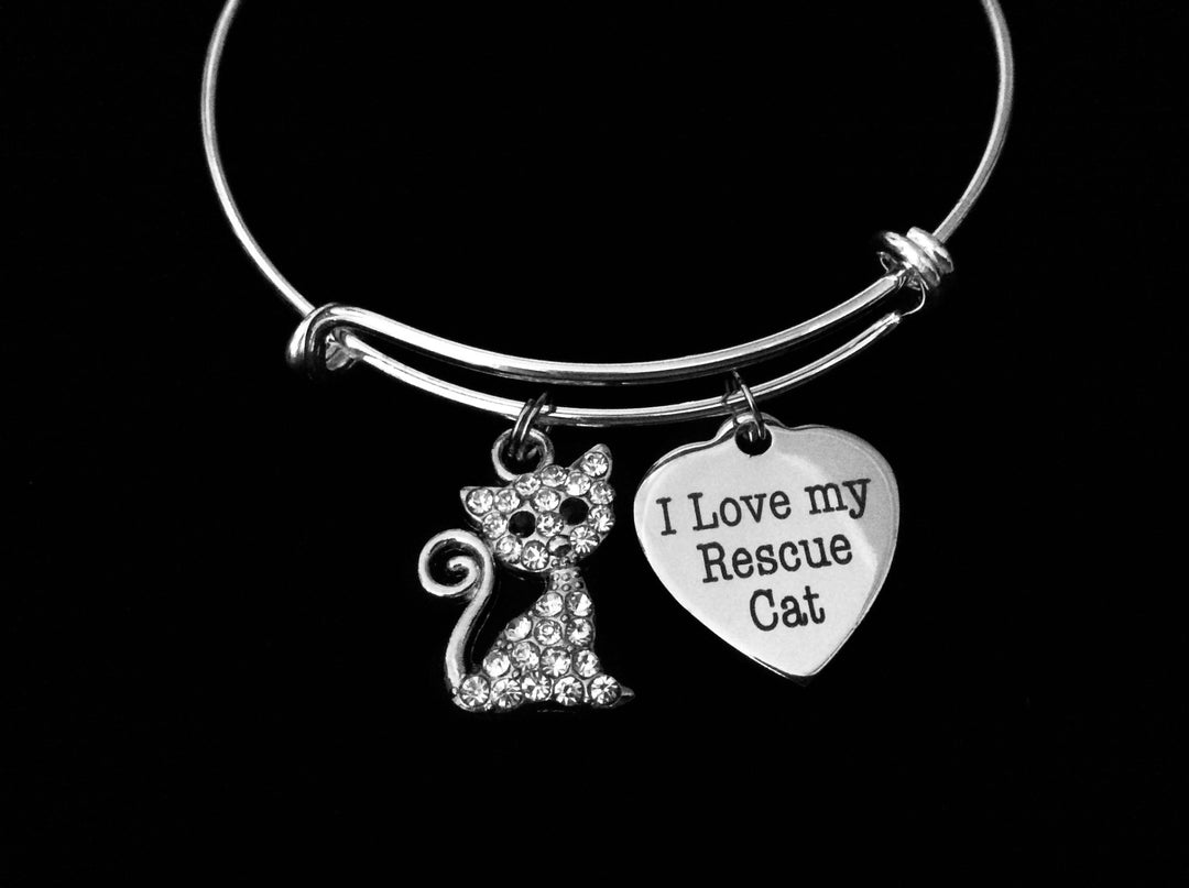 Crystal Kitten Rescue Cat Bracelet – Adjustable Silver Bangle – Cat Mom Jewelry Gift