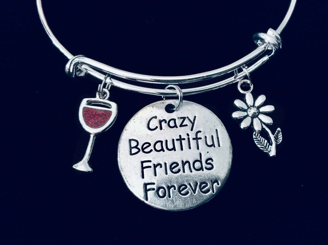 Crazy Beautiful Friends Forever Wine Glass Expandable Charm Bracelet Silver Adjustable Wire Bangle Stacking Bangle Trendy Love You BFF