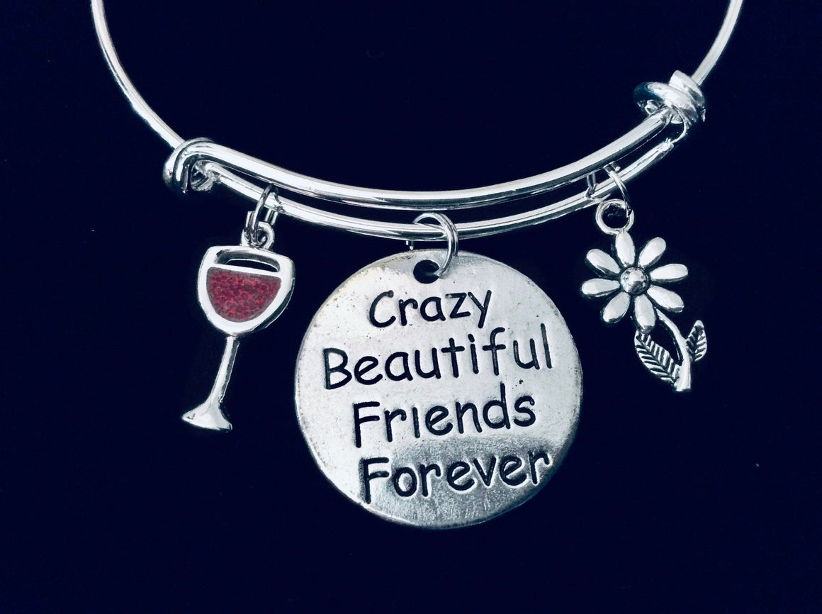 Crazy Beautiful Friends Forever Wine Glass Expandable Charm Bracelet Silver Adjustable Wire Bangle Stacking Bangle Trendy Love You BFF