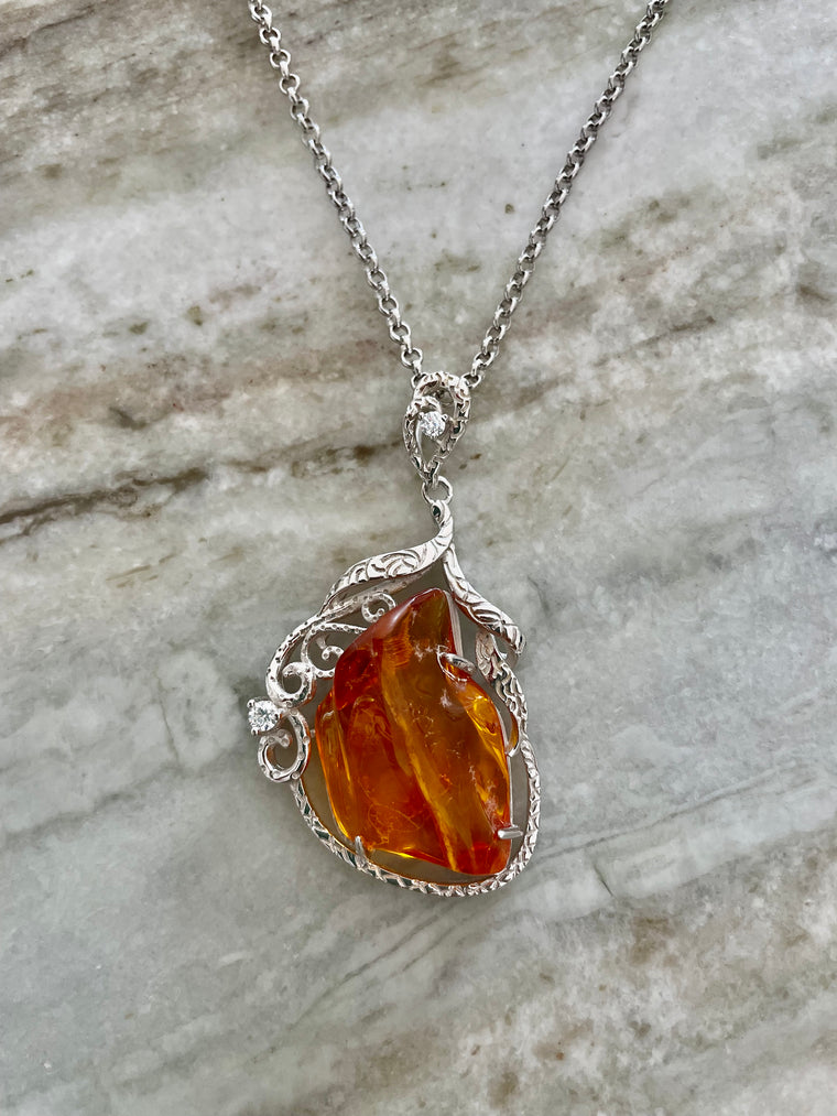 One of a Kind Amber Pendant Necklace 925 Sterling Silver Wrapped Rare Natural Amber Necklace Statement Necklace Rare Find