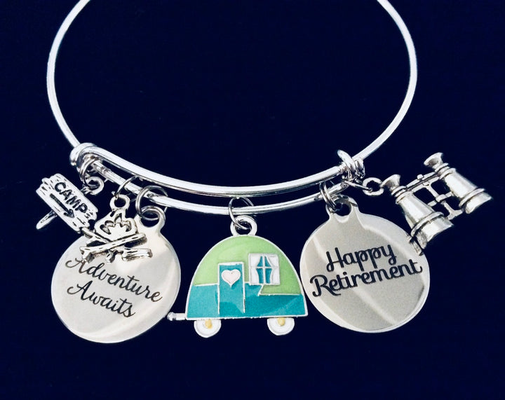 Happy Retirement Bracelet with Camper Charm, Adventure Awaits Expandable Bangle, RV Camping Retirement Gift for Women
