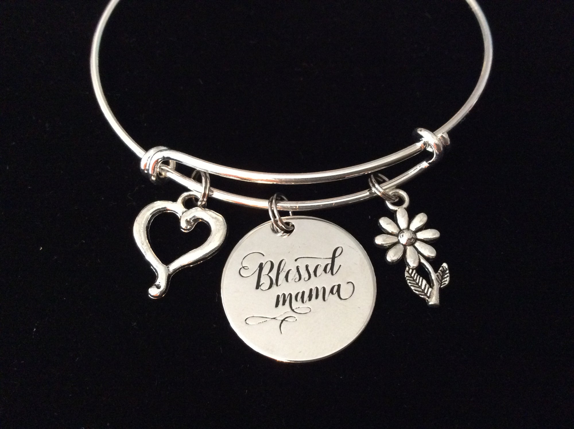 Blessed Mama Bracelet – Silver Expandable Bangle with Heart & Flower Charms – Mother’s Day Jewelry Gift