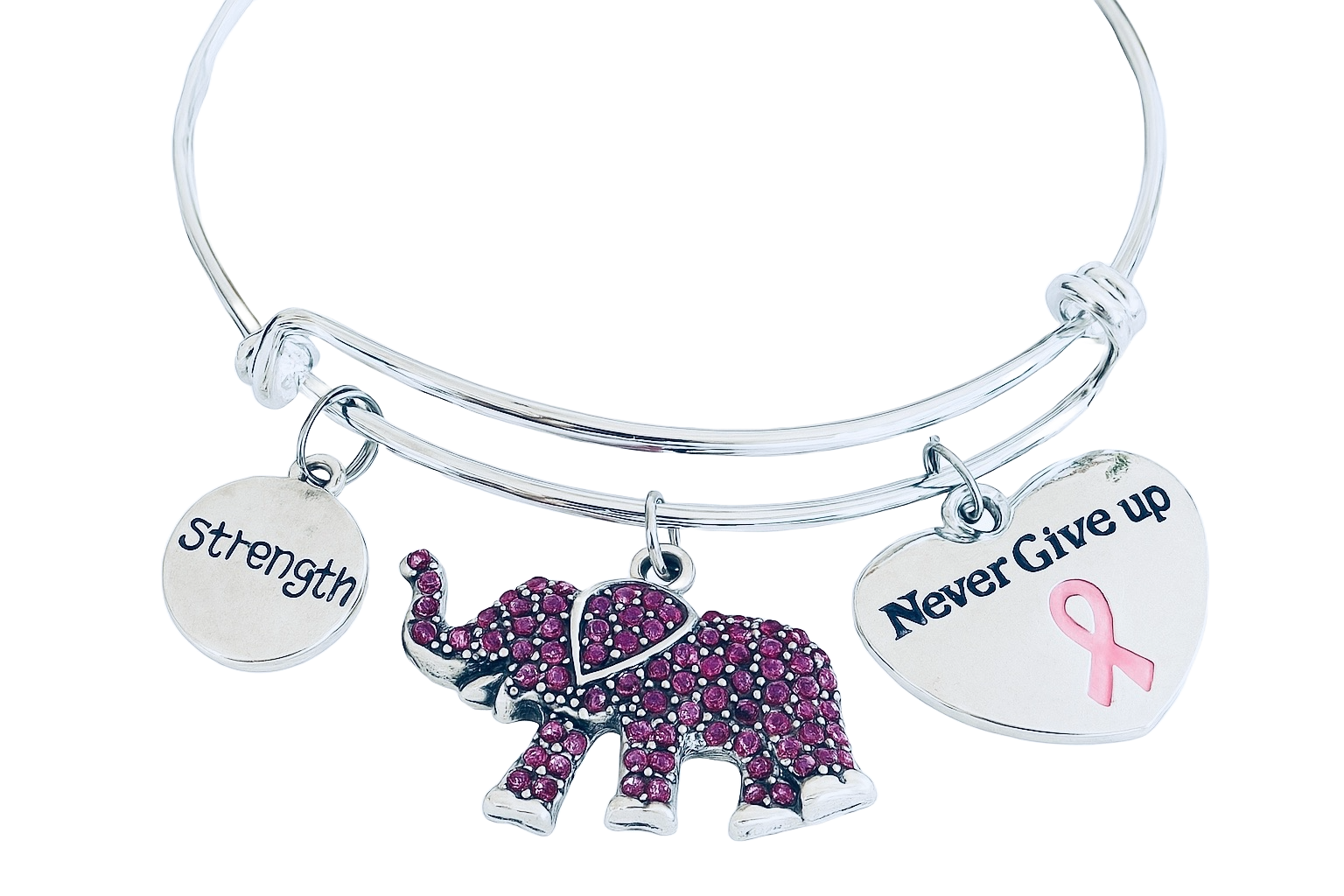 Pink Awareness Silver charm bracelet with pink rhinestone elephant, strength disc, and Never Give Up 