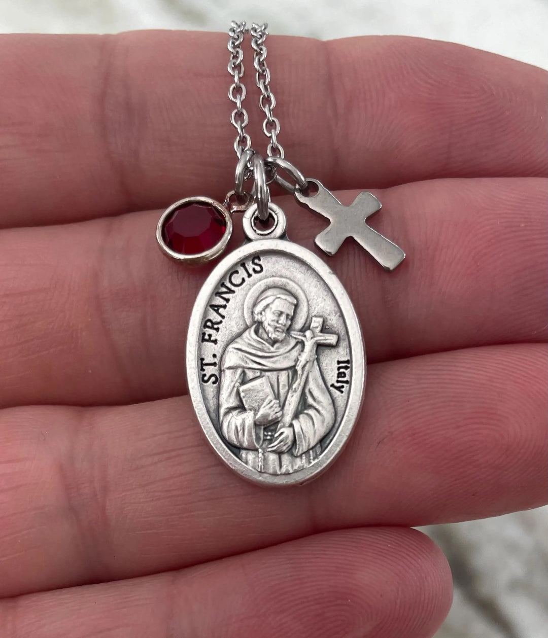 Saint Francis of Assisi Medal Necklace – Patron Saint of Animals – Catholic Charm Necklace with Cross &amp; Birthstone – Confirmation Gift for Boys