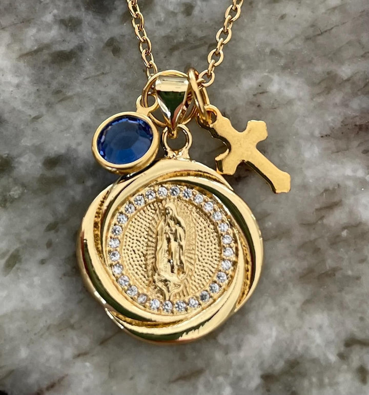 Lady of Guadalupe Necklace – 14k Gold Filled Catholic Medal with Birthstone