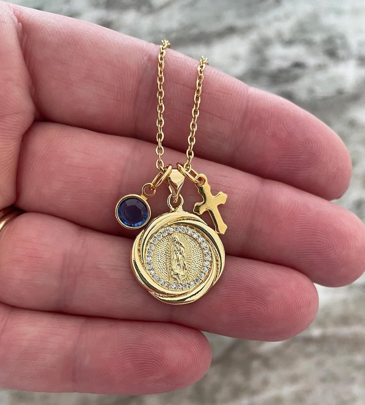 Lady of Guadalupe Necklace – 14k Gold Filled Catholic Medal with Birthstone