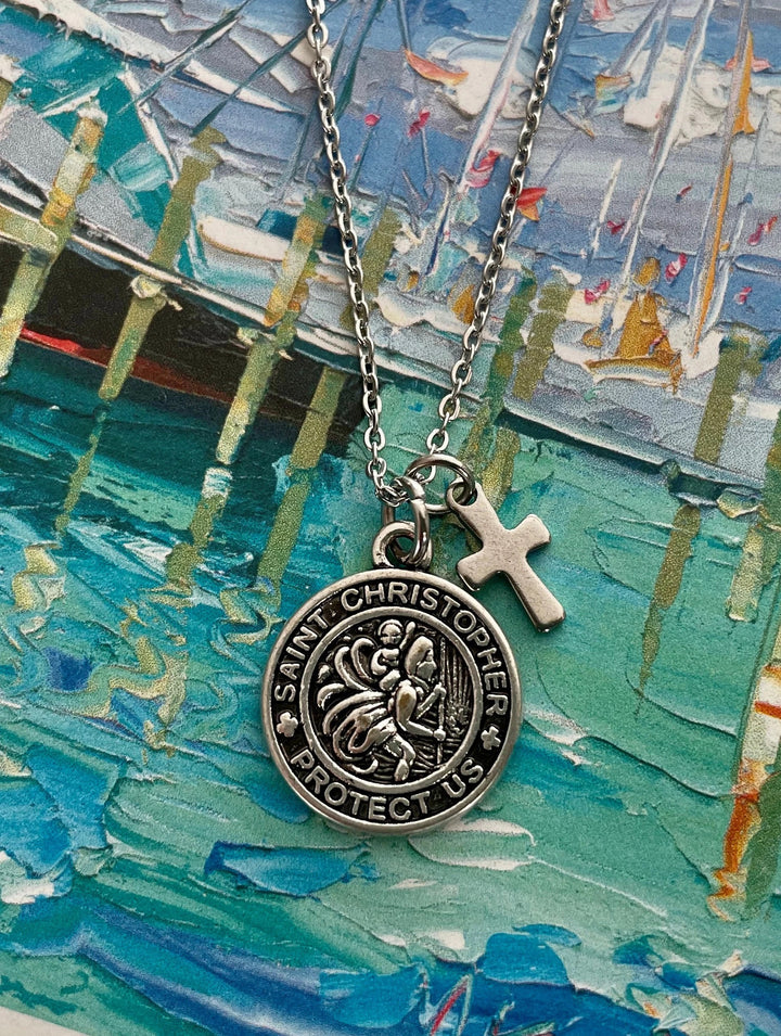 Saint Christopher Necklace – Unisex Stainless Steel Chain with Cross &amp; Birthstone – Patron Saint of Travelers – Confirmation Gift