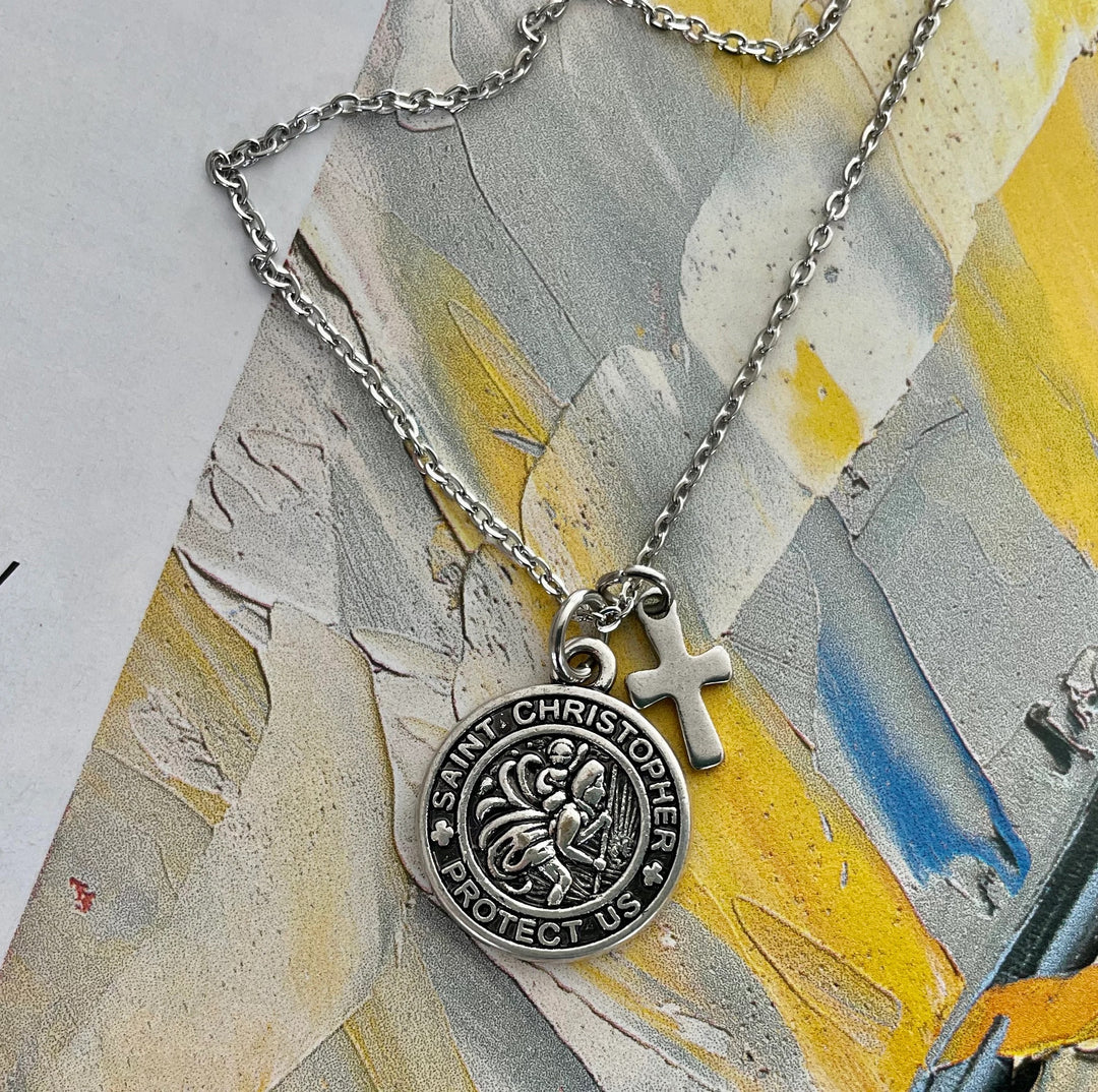 Saint Christopher Necklace – Unisex Stainless Steel Chain with Cross &amp; Birthstone – Patron Saint of Travelers – Confirmation Gift