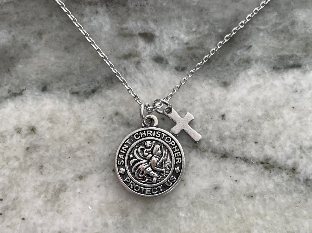 Saint Christopher Necklace – Unisex Stainless Steel Chain with Cross &amp; Birthstone – Patron Saint of Travelers – Confirmation Gift