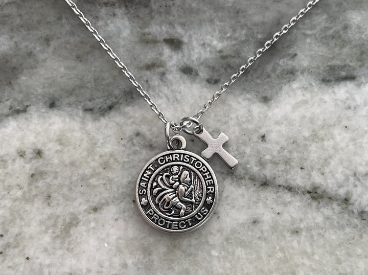 Saint Christopher Necklace – Unisex Stainless Steel Chain with Cross &amp; Birthstone – Patron Saint of Travelers – Confirmation Gift