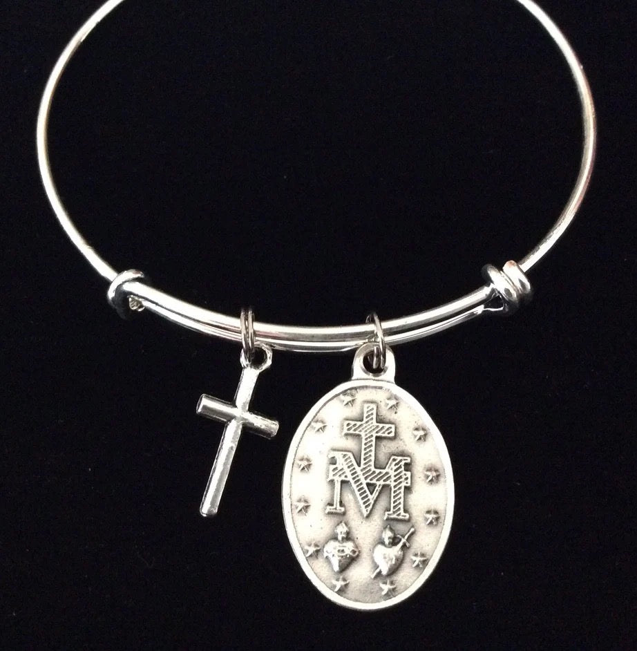 Miraculous Medal Mary Virgin Mary Silver Expandable Bangle Double Sided Adjustable Bracelet Silver Wire Bangle
