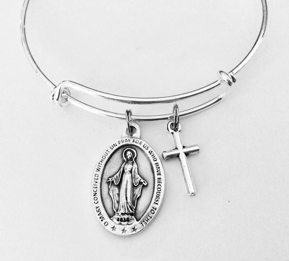 Miraculous Medal Mary Virgin Mary Silver Expandable Bangle Double Sided Adjustable Bracelet Silver Wire Bangle