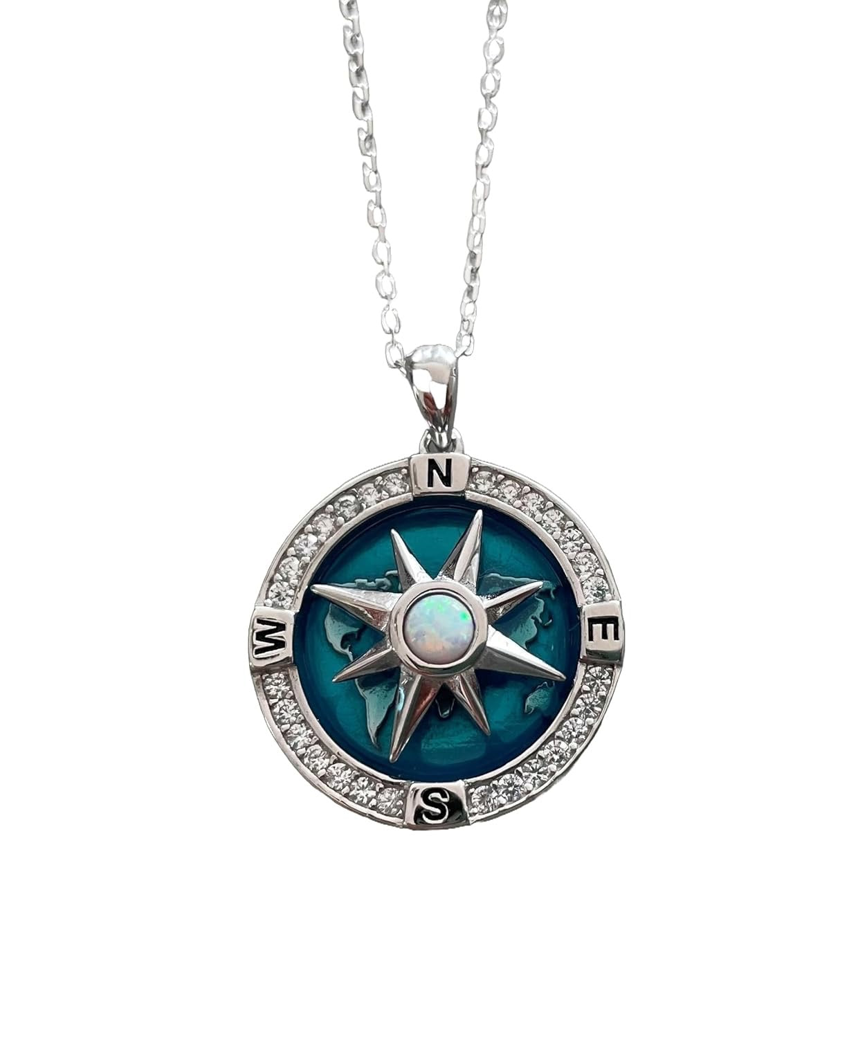 Compass Necklace – Spinning Compass Rose Pendant in 925 Sterling Silver with Blue Opal | Nautical Jewelry, Adventure & Love Gift