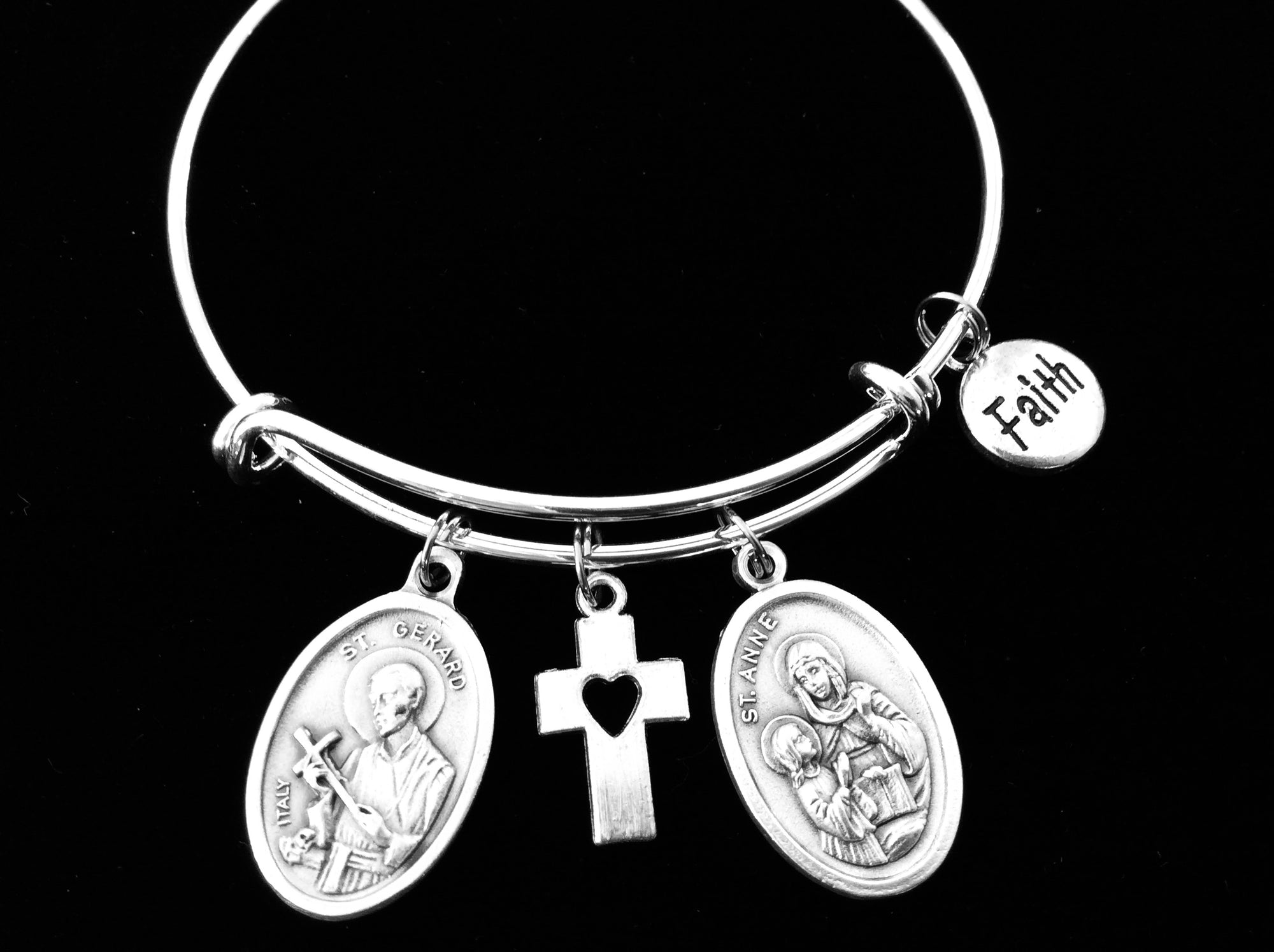 Saint Anne and Saint Gerard Patron Saint of Mothers, Pregnant Women Silver Expandable Charm Bracelet One Size Fits All Fertility Gift