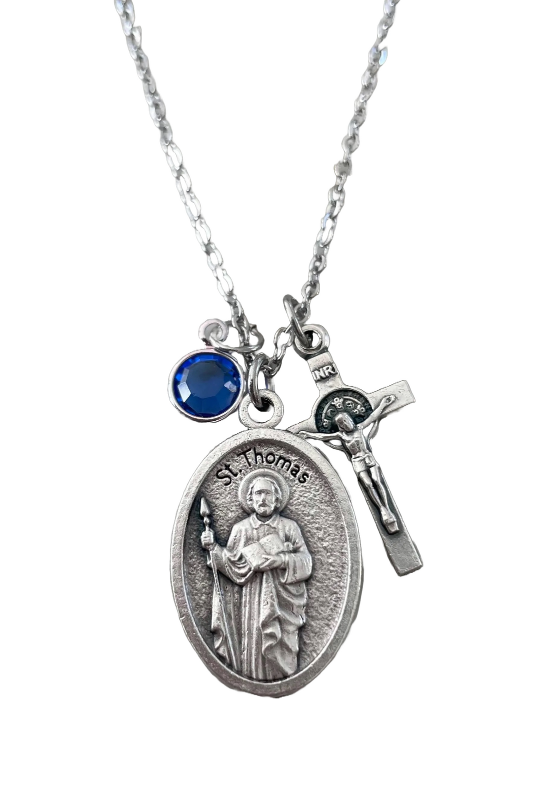 Saint Thomas the Apostle Necklace – Silver Patron Saint Medal with Cross &amp; Birthstone Charm Catholic Confirmation &amp; Baptism Gift