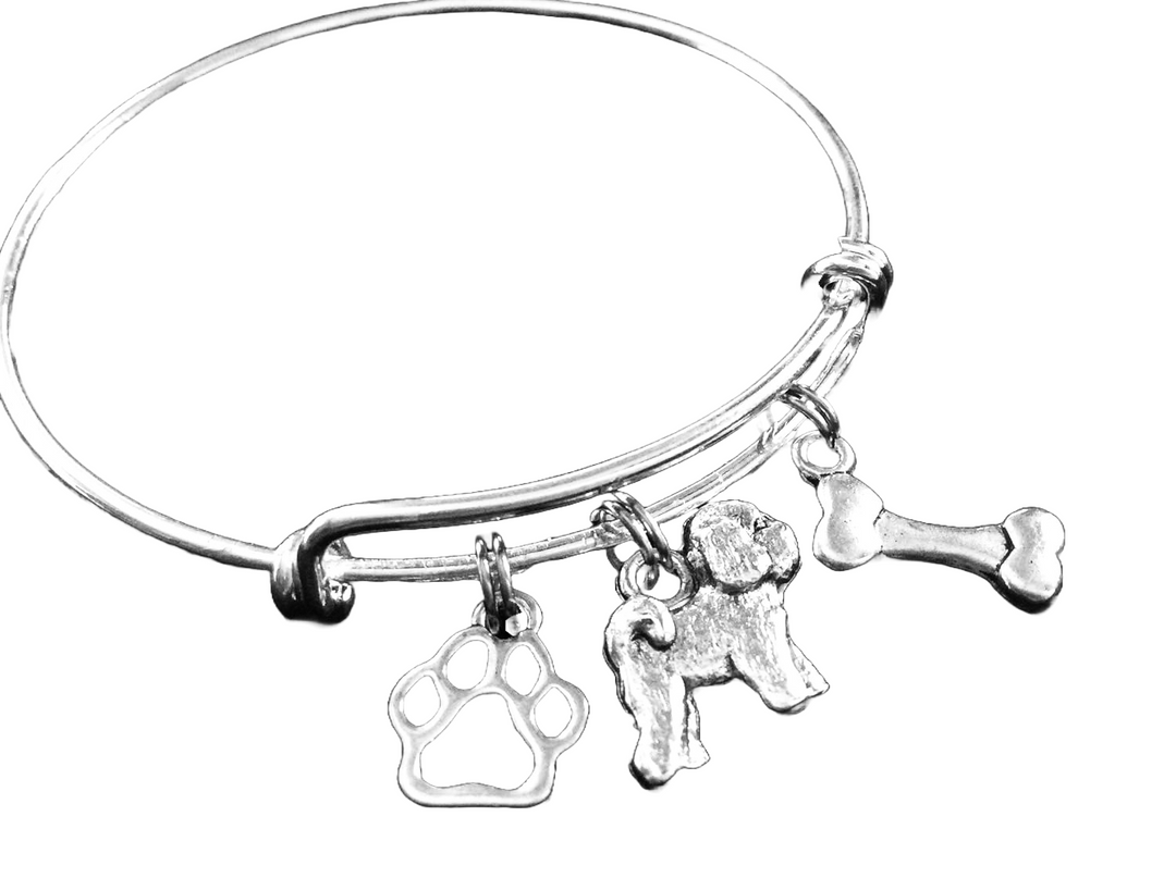 Bichon Frise Dog Lover Charm Bracelet – Silver Expandable Bangle with Paw Print, Bichon &amp; Bone Charms – Pet Owner Gift