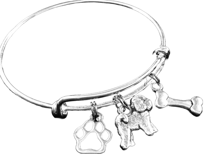 Bichon Frise Dog Lover Charm Bracelet – Silver Expandable Bangle with Paw Print, Bichon &amp; Bone Charms – Pet Owner Gift